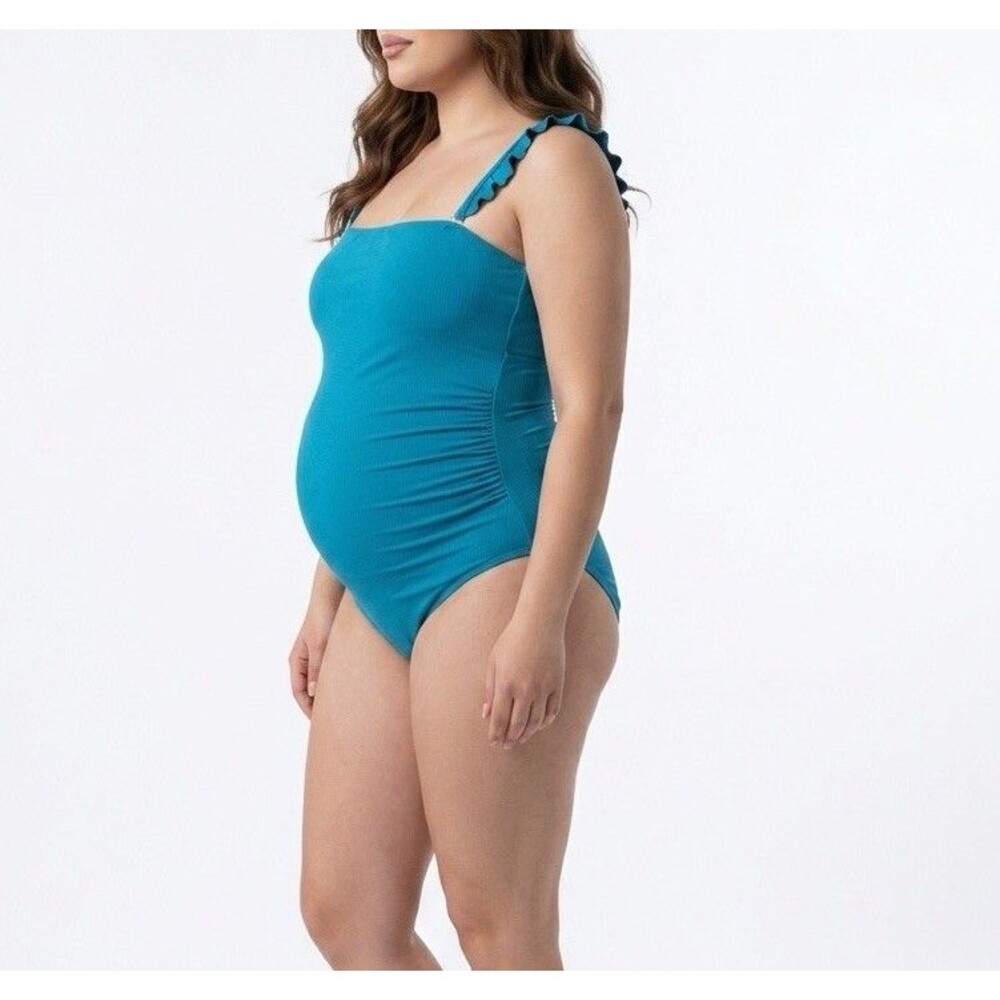 PinkBlush Teal Ribbed Ruffle Strap Maternity One Piece Swimsuit NWOT - Medium